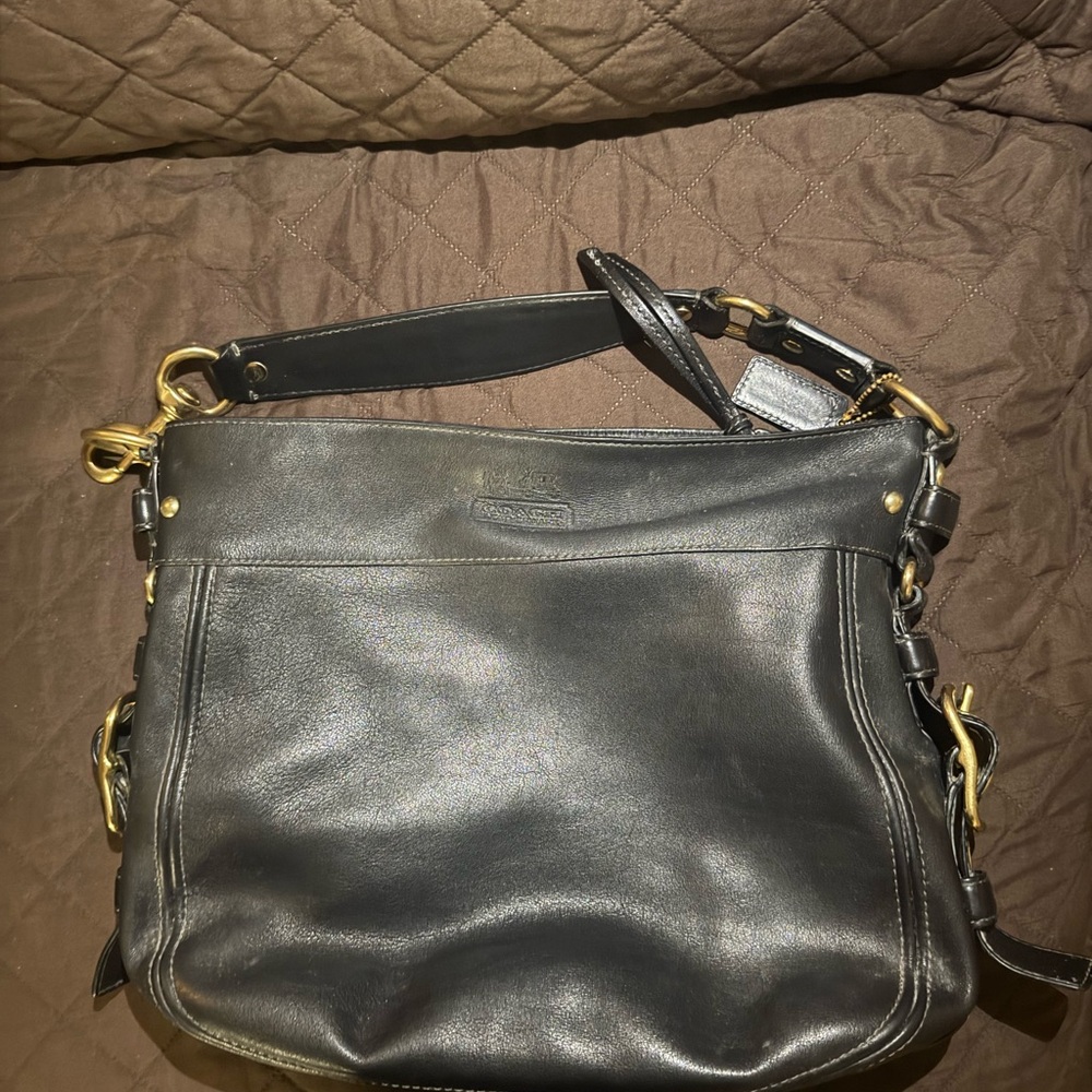 Coach Black Leather Shoulder Bag with Gold Accents
